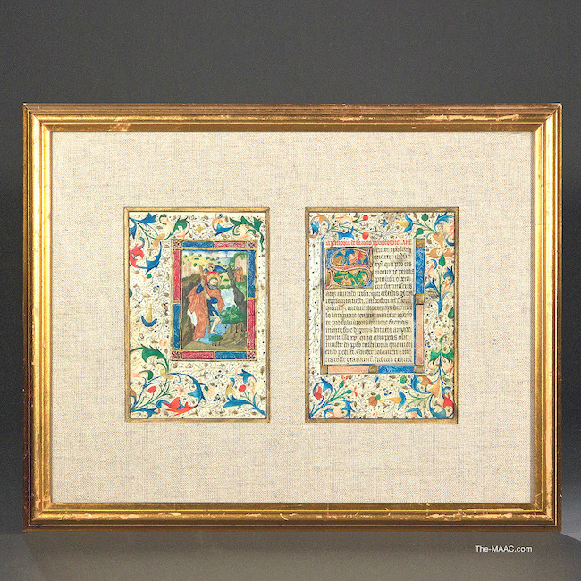   Illuminated Manuscript Leaf:  Saint Christopher. Two late 15th century manuscript leaves on vellum with miniature of St. Christopher carrying Christ. Ink, gold on vellum. France, c. 1485.  Each leaf: 6-3/4″ x 4-1/2″  Framed: 13-1/2″ x 17-1/2″