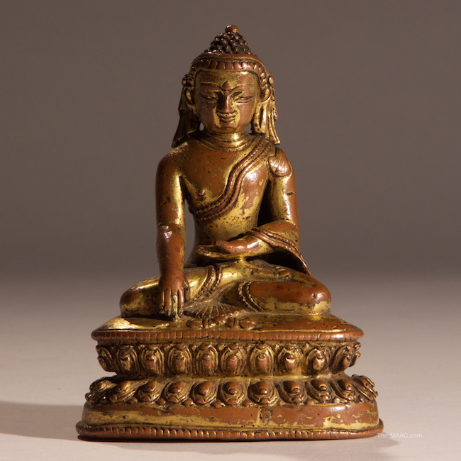 Antique Gilt Bronze Tibetan Buddha. Gilt Bronze, Tibet circa 13th century.