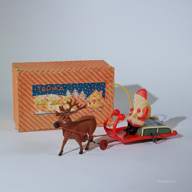 Prewar Japan Santa Claus Toy. Celluloid wind up toy with ringing bell. Celluloid, Japan, 1925-30.