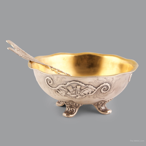 Whiting Silver Aesthetic Bowl with Matching serving pieces. Spot hammered Whiting bowl with applied stages of the dandelion with acid etched decoration on serving pieces. Sterling silver, USA, 1885.