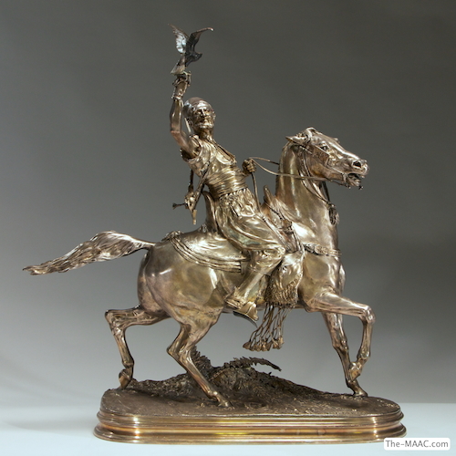 “Fauconnier Arabe À Cheval” Bronze Sculpture by Pierre Jules Mène, numbered 704, silvered bronze, France, 1810-1879. H: 29-1/2″