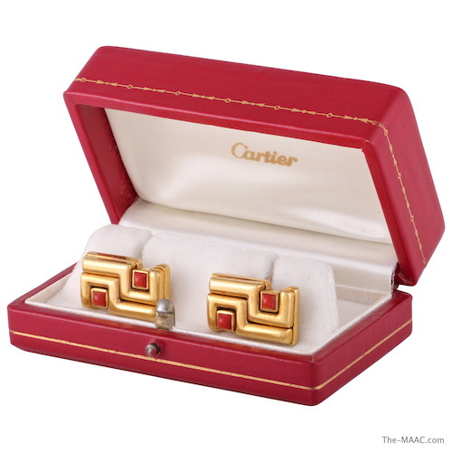 Cufflinks signed Cartier, Cipullo design, 18K gold and carnelian, American, circa 1970s.