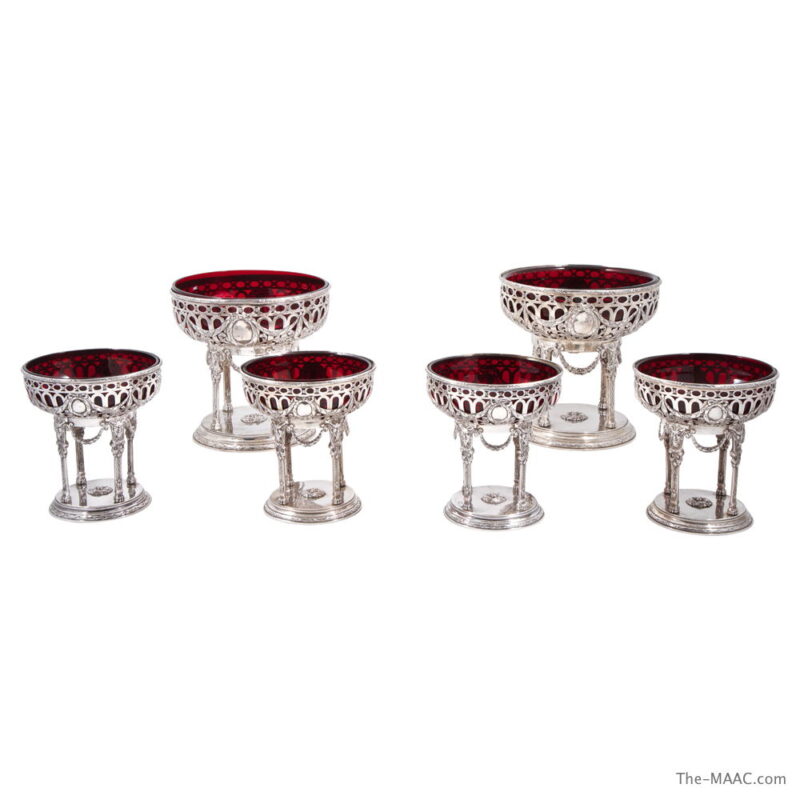 Six Piece German Silver Table Garniture with Ruby Red Liners