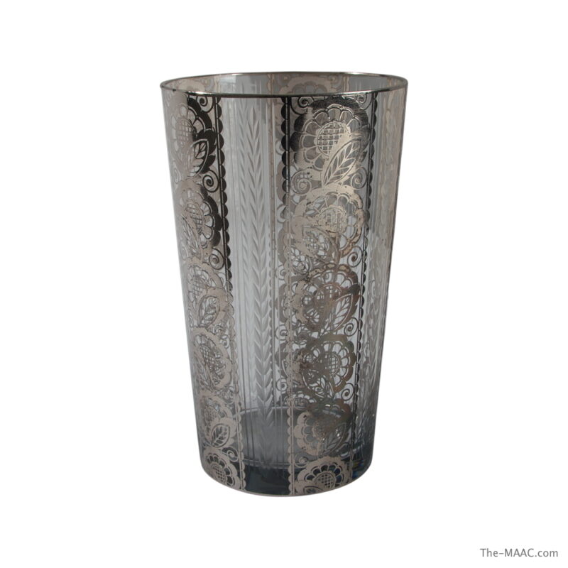 1920's Silver Overlay on Glass Vase with Etched Flowers