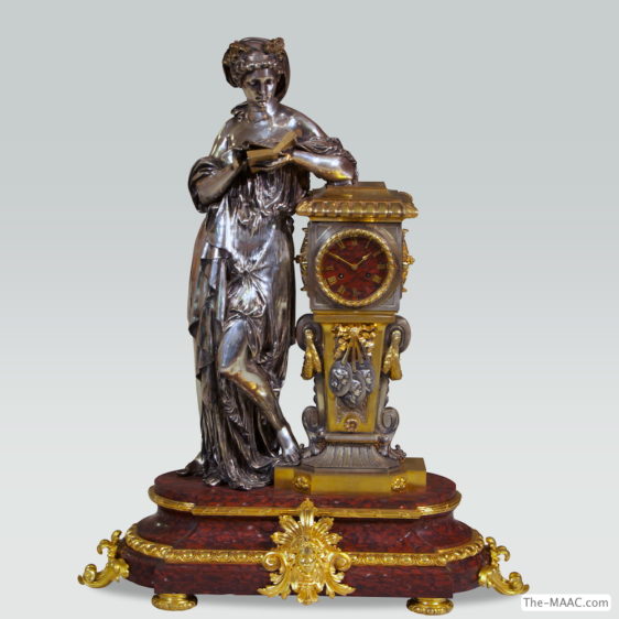 French Figural Gilt and Silvered Bronze Mantel Clock MAAC > Product Categories > Products > CLOCKS > An Important French Figural Gilt and Silvered Bronze Mantel Clock