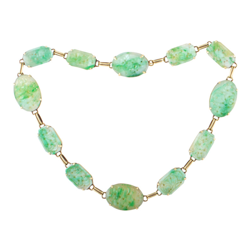 Chinese Jade and 14K Yellow Gold Necklace and Bracelet