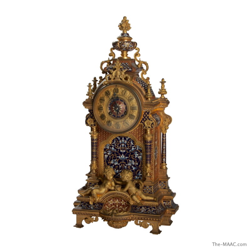 Large French Champleve Enamel and Bronze Clock in Working Condition