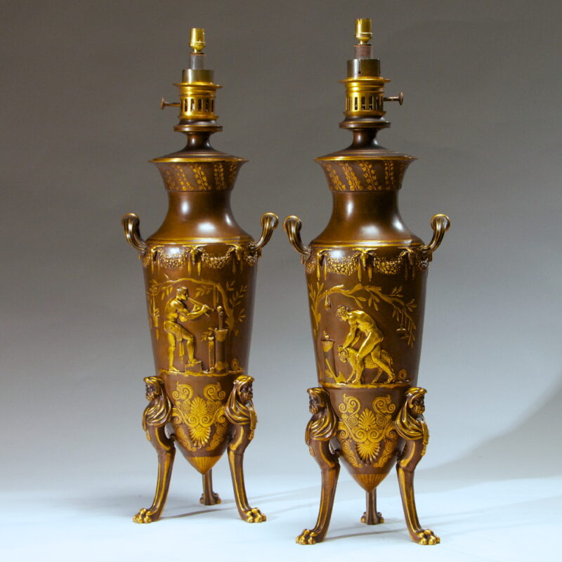 Pair of Painted Bronze Lamps by Ferdinand Levillain
