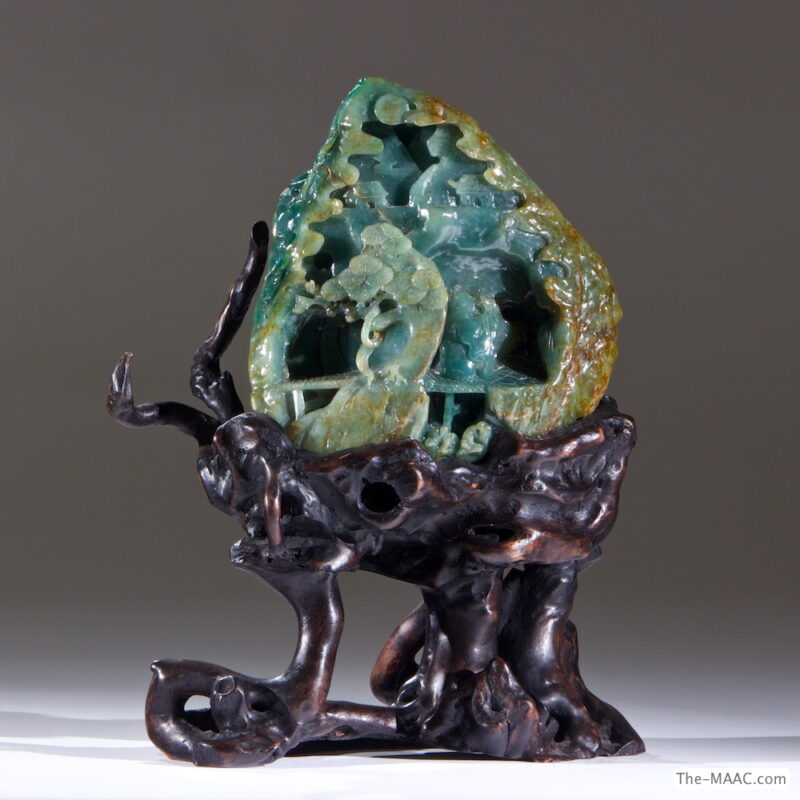 An Exquisite Jadeite Boulder Carving of Landscape with a Sage