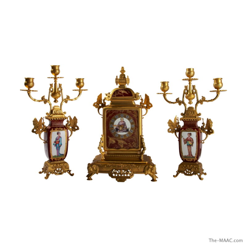Japonisme Porcelain and Bronze Clock Set