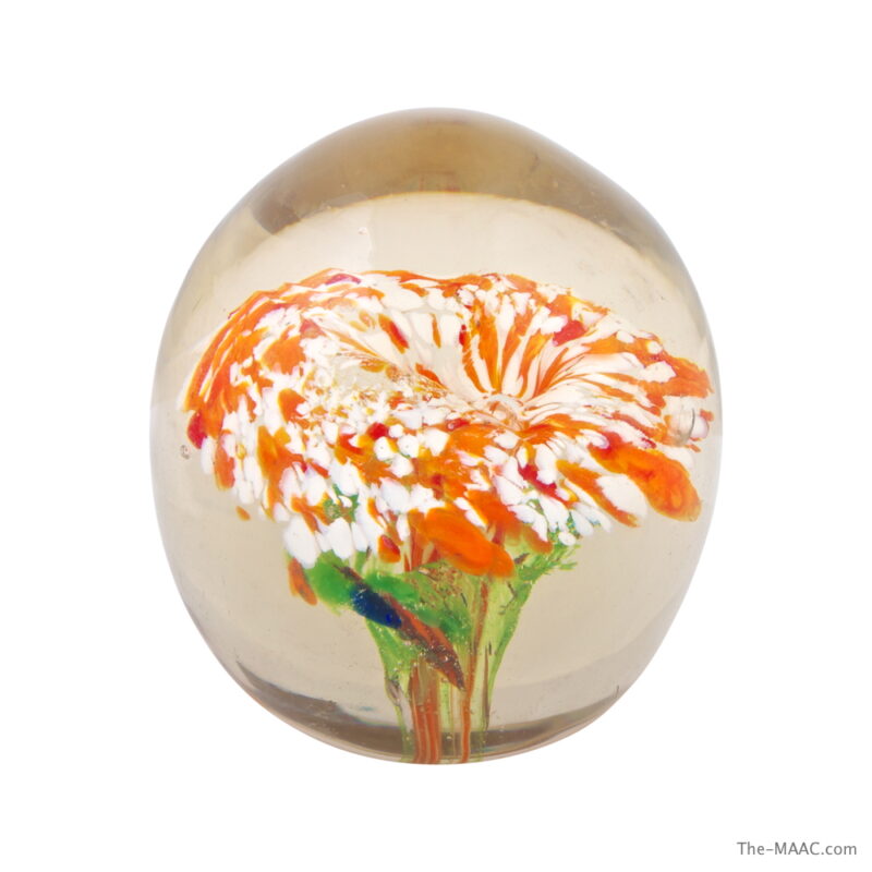 Orange and White Floral Glass Paperweight