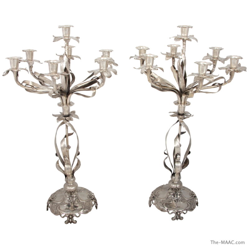 Pair of German Silver Art Noveau Seven Light Candlelabra