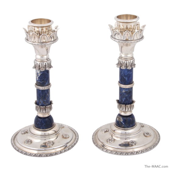 Pair of Italian Silver and Lapis Candlesticks