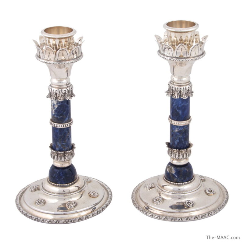 Pair of Italian Silver and Lapis Candlesticks