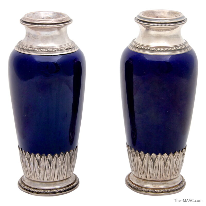 Pair of Silver Mounted Sevres Vases