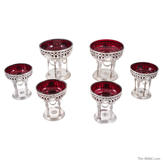 Six Piece German Silver Table Garniture with Ruby Red Liners