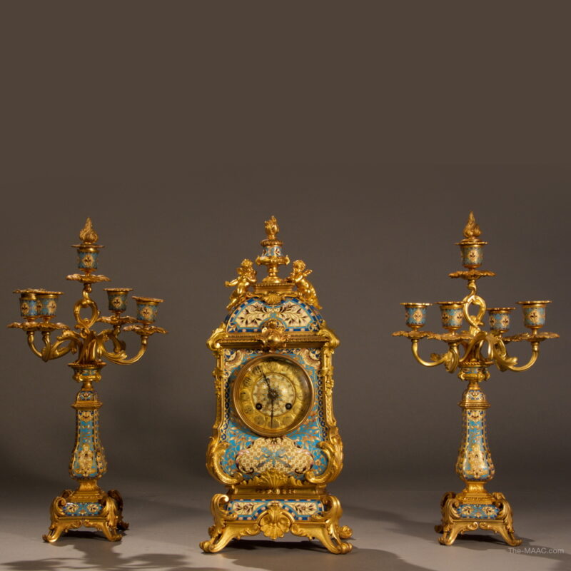 French Champleve Enamel Clock Set