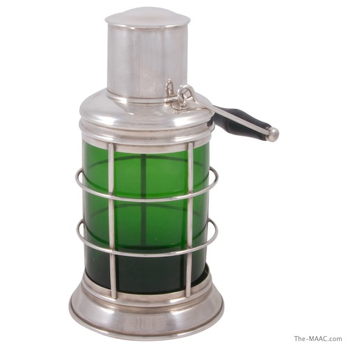   Cocktail shaker in the form of a mariners lantern, silverplate, green glass and wood, American, circa 1950.  Height: 10-5/8″    Width: 5″