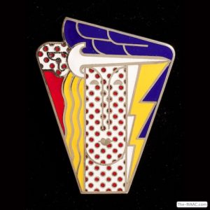 Roy Lichtenstein iconic “Pop Art Woman” brooch, enamel on base metal, signed. Excellent condition, circa 1968 made for “Multiples Inc.” Enamel and silvered base metal, United States, 1968. 3″ long x 2-3/8″ wide
