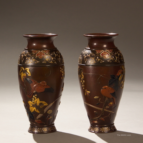 Pair of Japanese Mixed-Metal Vases