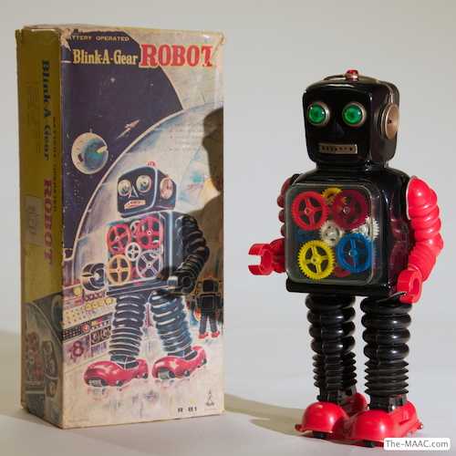 Blink a Gear Robot. Battery operated robot with original box. Made by Taiyo. Tin, Japan, 1960.