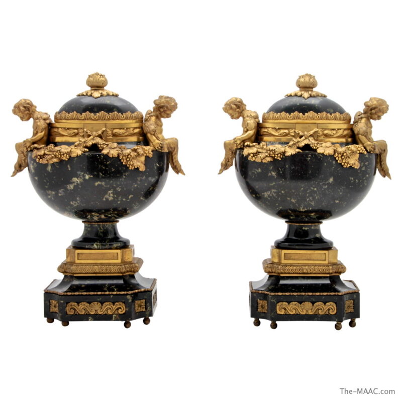 Pair of Gilt Bronze and Marble Urns