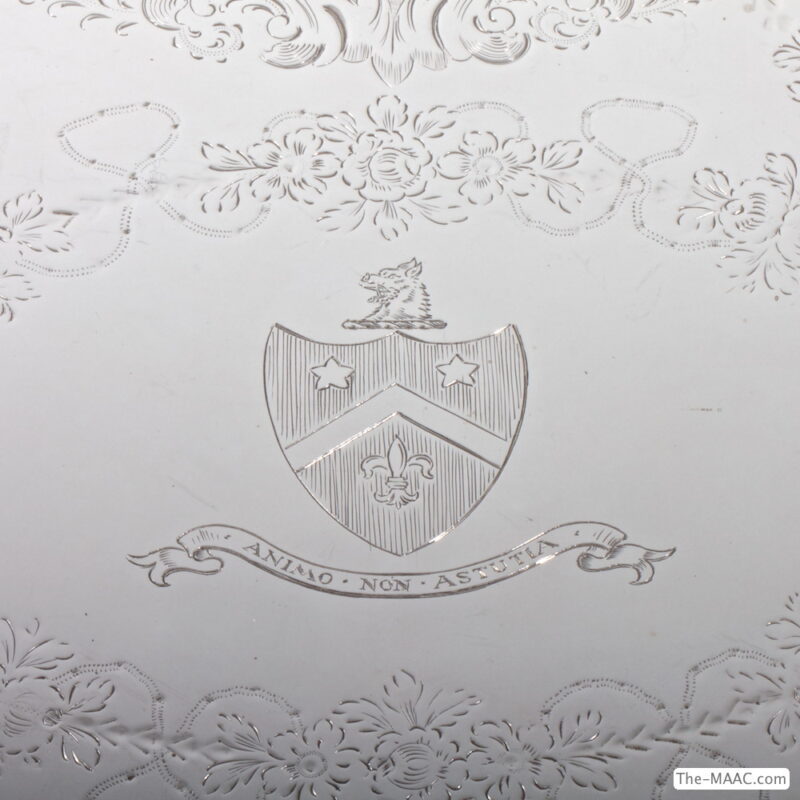 Antique Victorian Sterling Silver Hand Engraved Tray with Pierced Boarder and Cast Mounts - Image 2