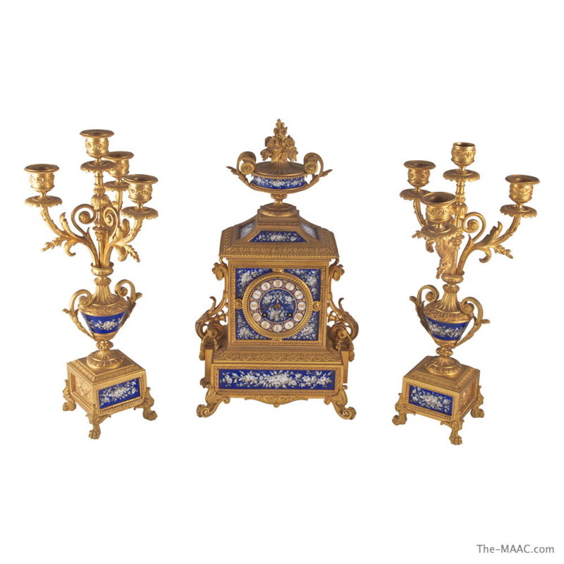 19th Century Sevres Style Dore Bronze Clock Set