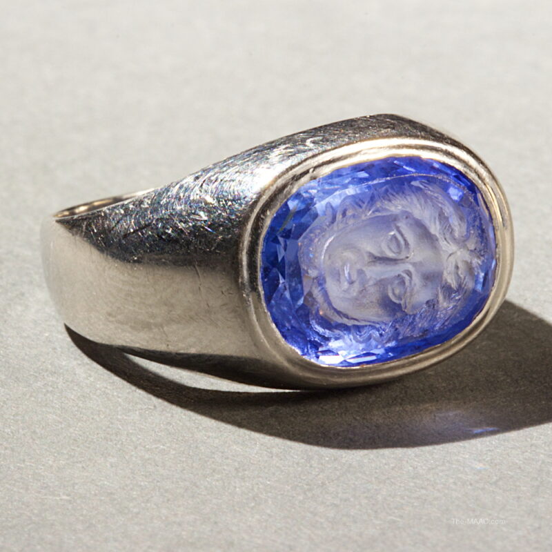 Unheated Sapphire Intaglio Ring of Medusa