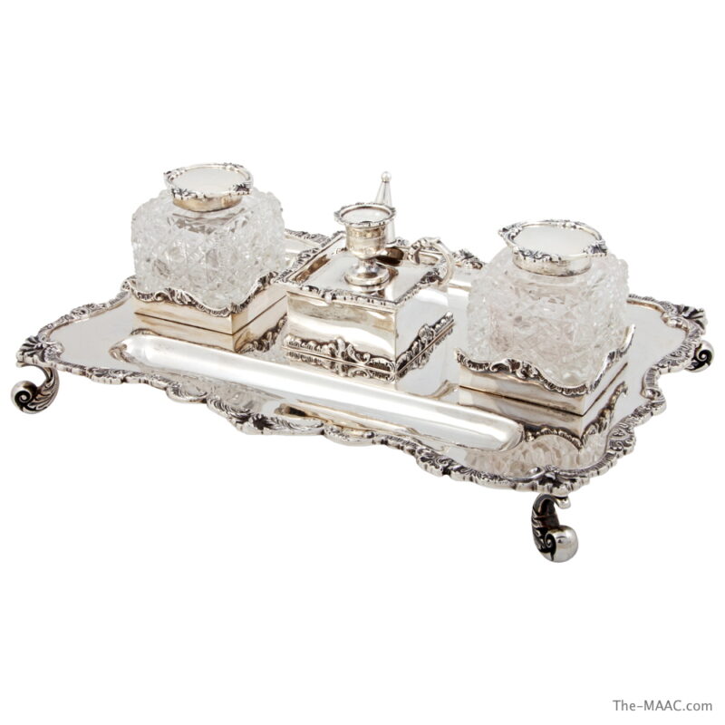 English Silver 2 bottle Inkstand with Stamp Box