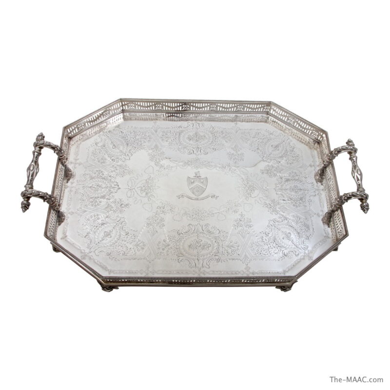 Antique Victorian Sterling Silver Hand Engraved Tray with Pierced Boarder and Cast Mounts
