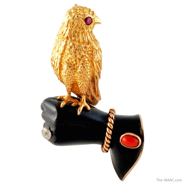 Cartier falconer brooch, 18K gold, coral, ruby, and enamel, France, 1930s-1940s.