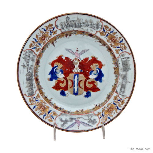  Chinese Export porcelain plate decorated with the arms of Adriaan Valckenier (1695-1751), Qianlong period, circa 1735-40. Illustrated Chinese Armorial Porcelain (Dutch) p.21-2. Illustrated China Trade Porcelain, p.186-88. Diameter: 9″