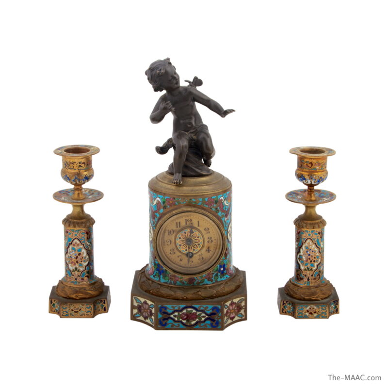 French Champleve Enamel Clock Set