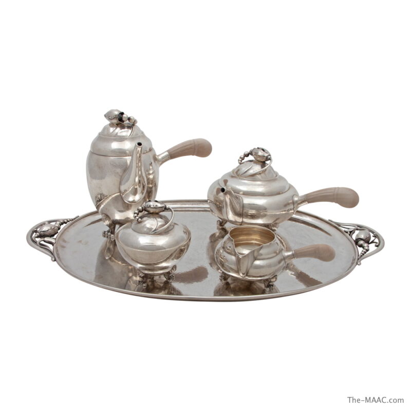 Georg Jensen Blossom Pattern Sterling Silver Tea and Coffee Set with Tray