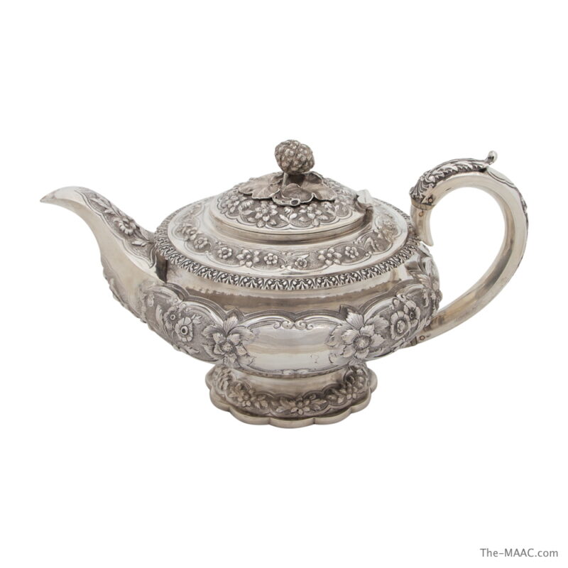 Georgian Sterling Silver Teapot with Hand-Chased Decorated Body and Foot