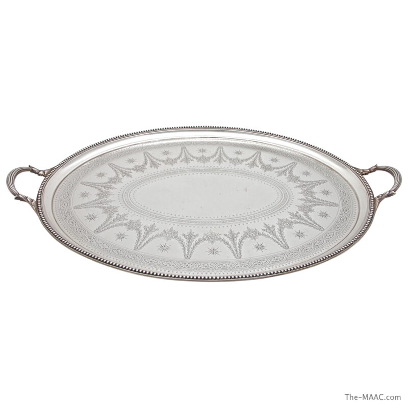 Large Antique English Hand Engraved Sterling Silver Tray