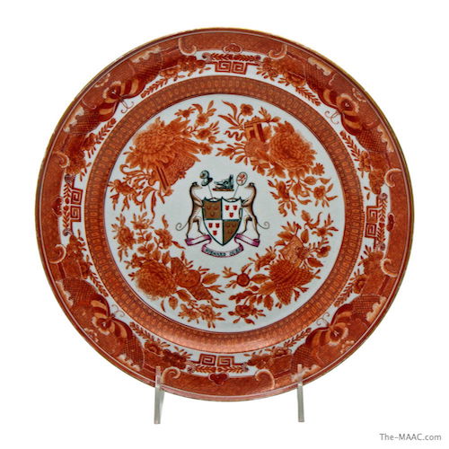  Pair of Chinese Export porcelain armorial plates, orange fitzhugh, with arms of Seton quartering Hay, circa 1810. Illustrated Chinese Armorial Porcelain, Vol. II, page 541 Diameter: 9.75″