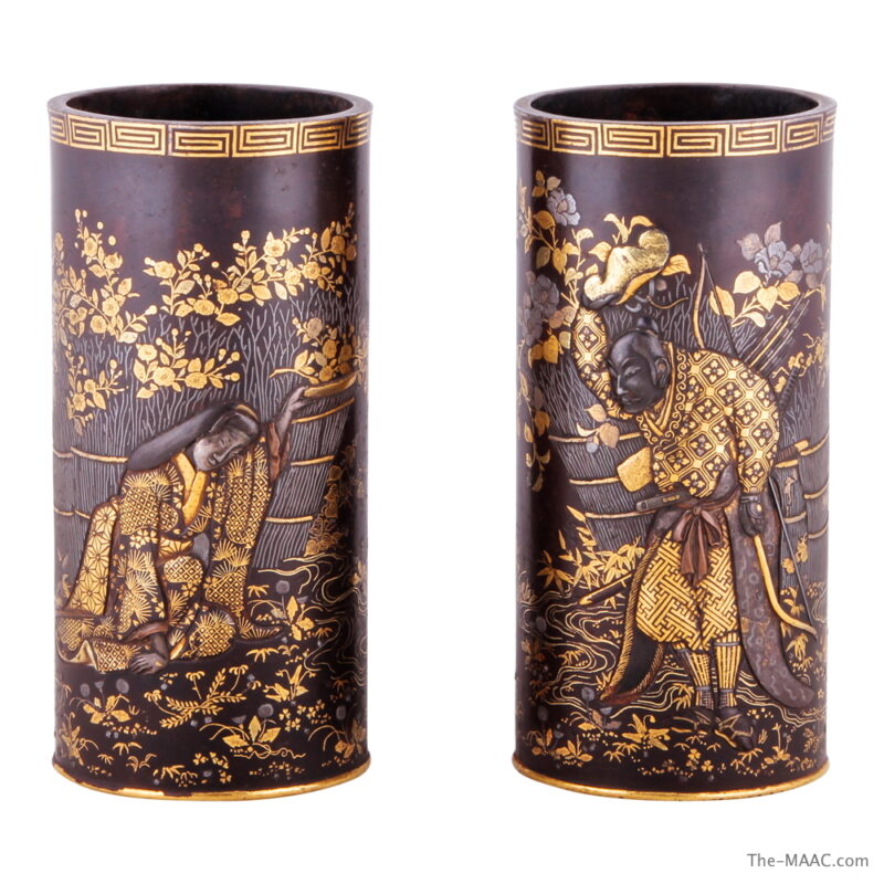 Pair of Japanese Mixed Metal Iron Vases