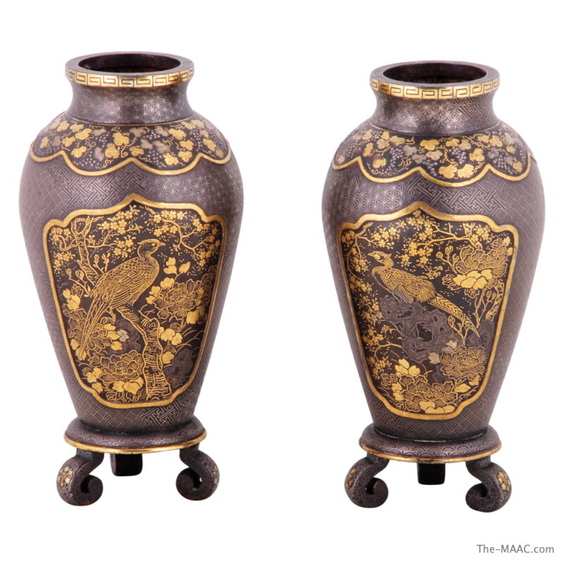 Pair of Japanese Mixed Metal Komai Vases
