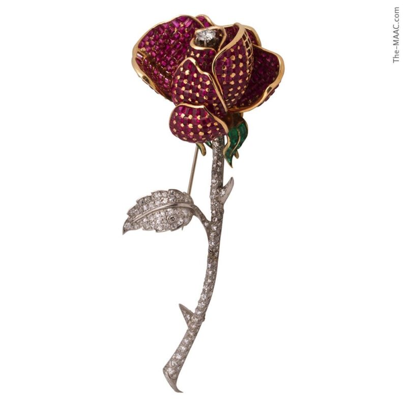 Platinum, Ruby and Diamond Flower Brooch