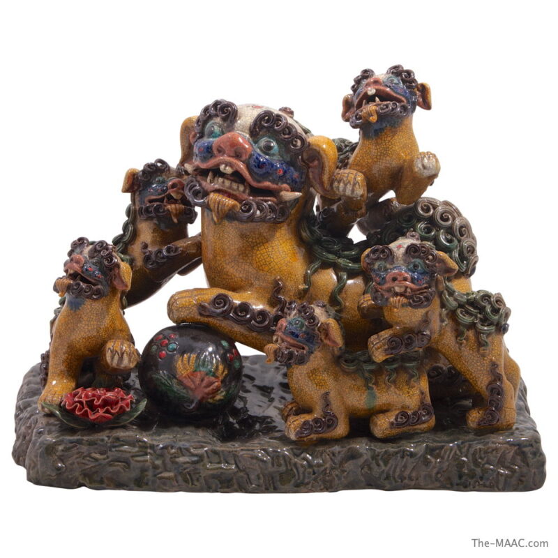 Porcelain Group of Foo Dog Puppies Playing with Mother