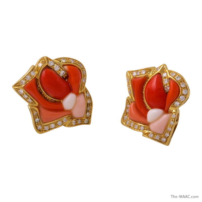 Sorab and Roshi Coral and Diamond Earclips