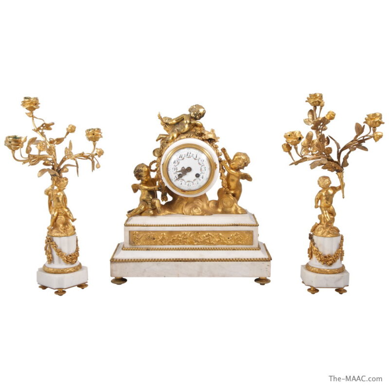 Three-Piece Bronze & Marble Clock Garniture Set