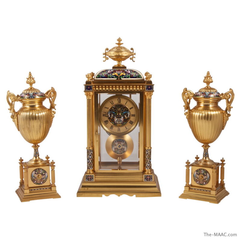 Three-piece Champleve Enamel & Bronze Garniture Set