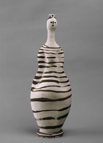 Pablo Picasso, Vase: Woman, 1948, Vallauris, white earthenware painted with slips, 18¾34; x 6½34; x 4¼34;. ©2015 ESTATE OF PABLO PICASSO/ARTISTS RIGHTS SOCIETY (ARS), NEW YORK/MUSÉE NATIONAL PICASSO, PARIS