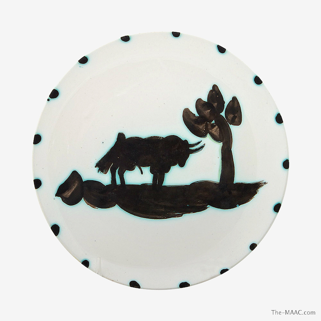  Ceramic plate of “Bull Under Tree” by Picasso, 500 copies produced, listed in Catalogue Raisonne p. 89, Ramie Picasso (1881-1973), white earthenware clay with oxidized paraffin decoration, France, circa 1952. Diameter: 8-7/8″