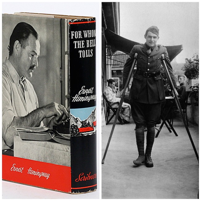 First Edition "For Whom the Bell Tolls," Ernest Hemingway in original dust jacket; Charles Scribner’s, 1940. [Manhattan Rare Books: Gallery 90/212.326.8907]/Ernest Hemingway on crutches while recovering in Milan, Italy, September 1918. The Ernest Hemingway Photograph Collection. John F. Kennedy Presidential Library and Museum Source: themorgan.org
