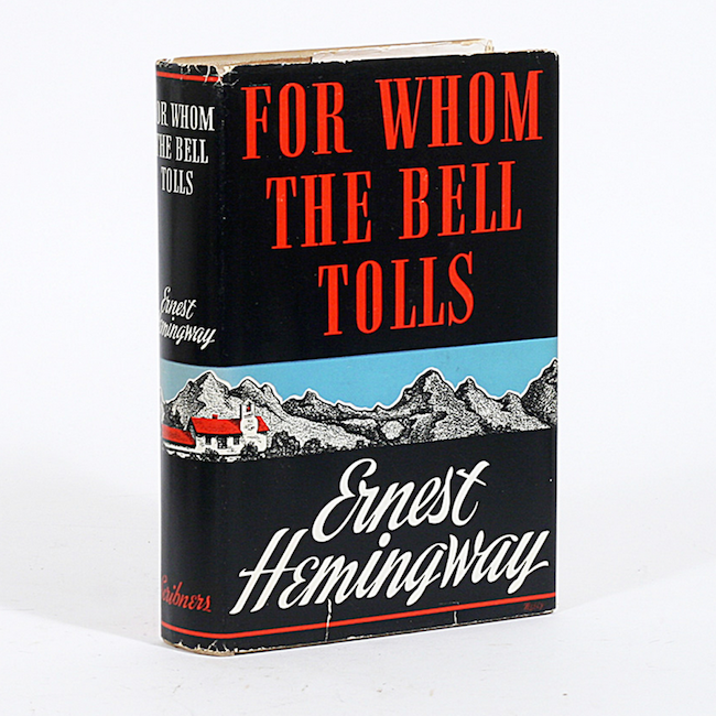 For Whom the Bell Tolls, Ernest Hemingway. First Edition with original cloth, original dust jacket with a little edge wear, and original outer jacket. New York: Charles Scribner’s, 1940.