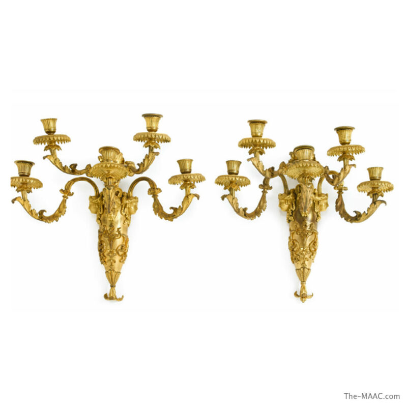 Pair of French Louis XVI Style Gilt Bronze Five-Light Wall Sconces